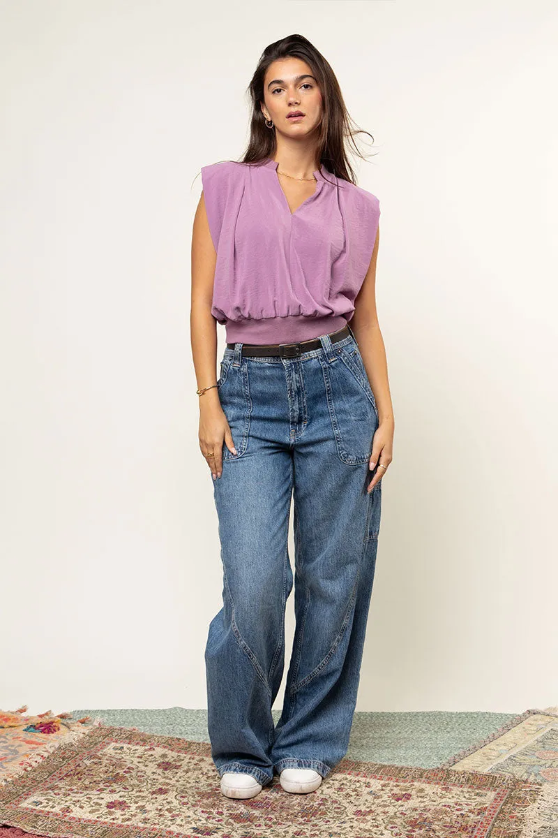 Ribbed Waist Top With Shoulder Pads