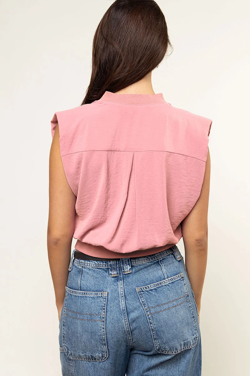 Ribbed Waist Top With Shoulder Pads