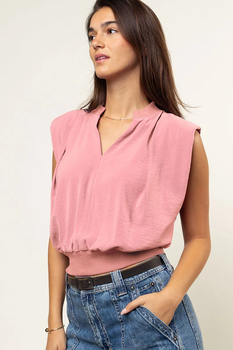 Ribbed Waist Top With Shoulder Pads