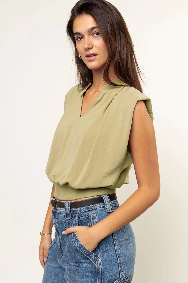 Ribbed Waist Top With Shoulder Pads
