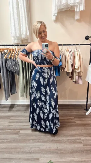 Rouged Cap Sleeve Off the Shoulder Top - Leaf Print