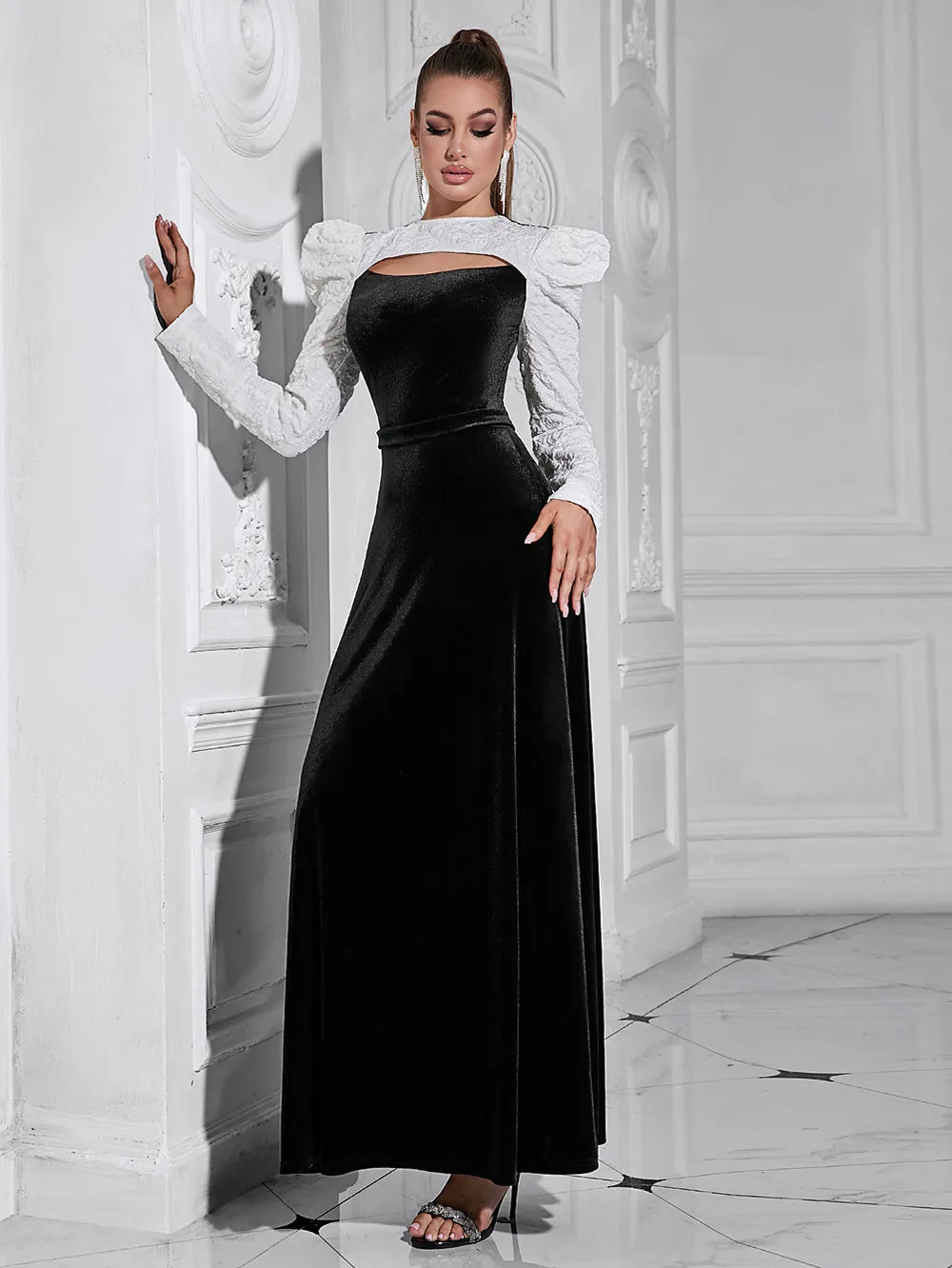Round Neck Long Sleeve Splicing Maxi Bodycon Dress HB10201
