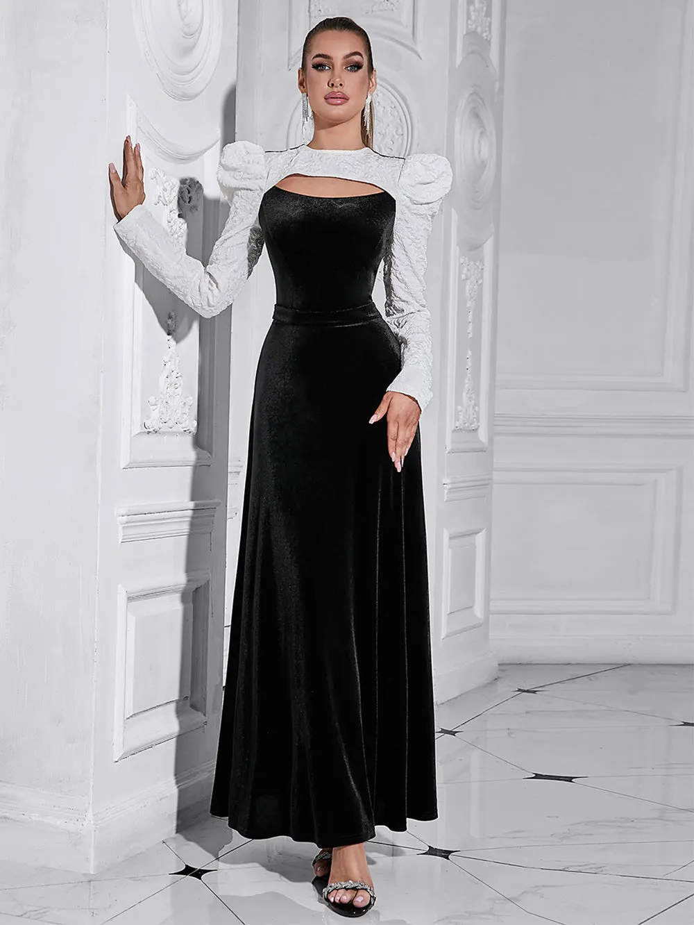 Round Neck Long Sleeve Splicing Maxi Bodycon Dress HB10201