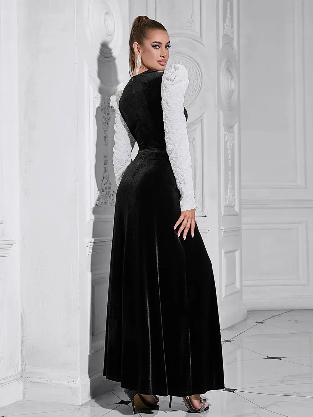 Round Neck Long Sleeve Splicing Maxi Bodycon Dress HB10201