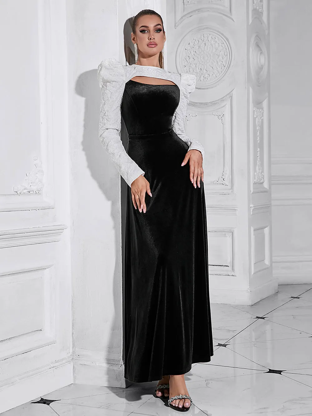 Round Neck Long Sleeve Splicing Maxi Bodycon Dress HB10201
