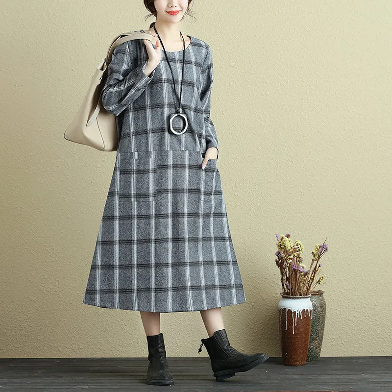 Round Neck Loose Casual Plaid Autumn Dress For Women