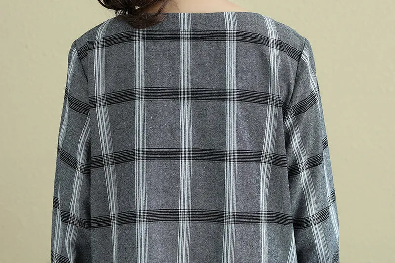 Round Neck Loose Casual Plaid Autumn Dress For Women