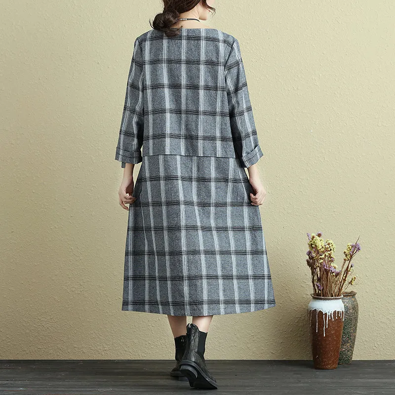Round Neck Loose Casual Plaid Autumn Dress For Women