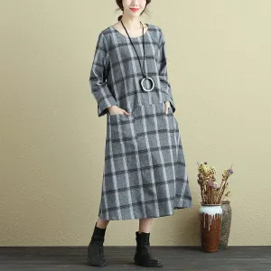 Round Neck Loose Casual Plaid Autumn Dress For Women