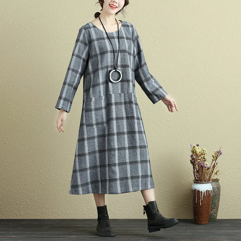 Round Neck Loose Casual Plaid Autumn Dress For Women