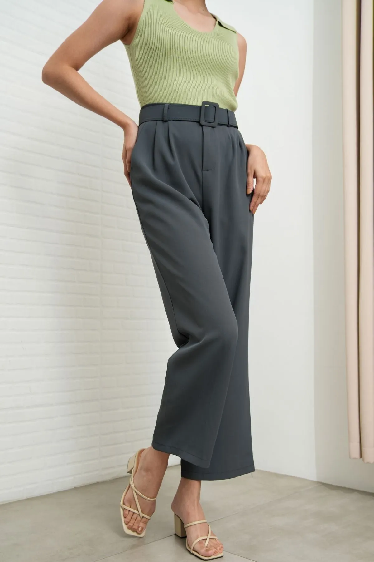SASKIA Belted High-Waist Tailored Trousers (Steel Gray)