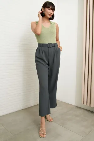 SASKIA Belted High-Waist Tailored Trousers (Steel Gray)