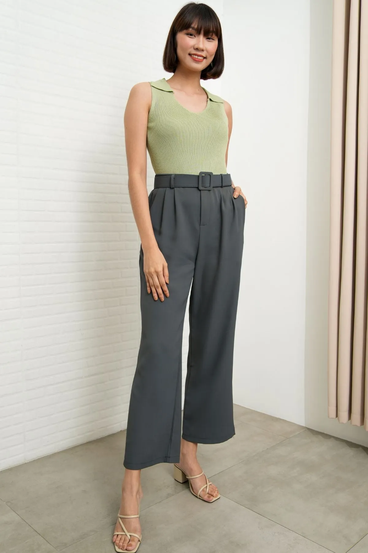 SASKIA Belted High-Waist Tailored Trousers (Steel Gray)