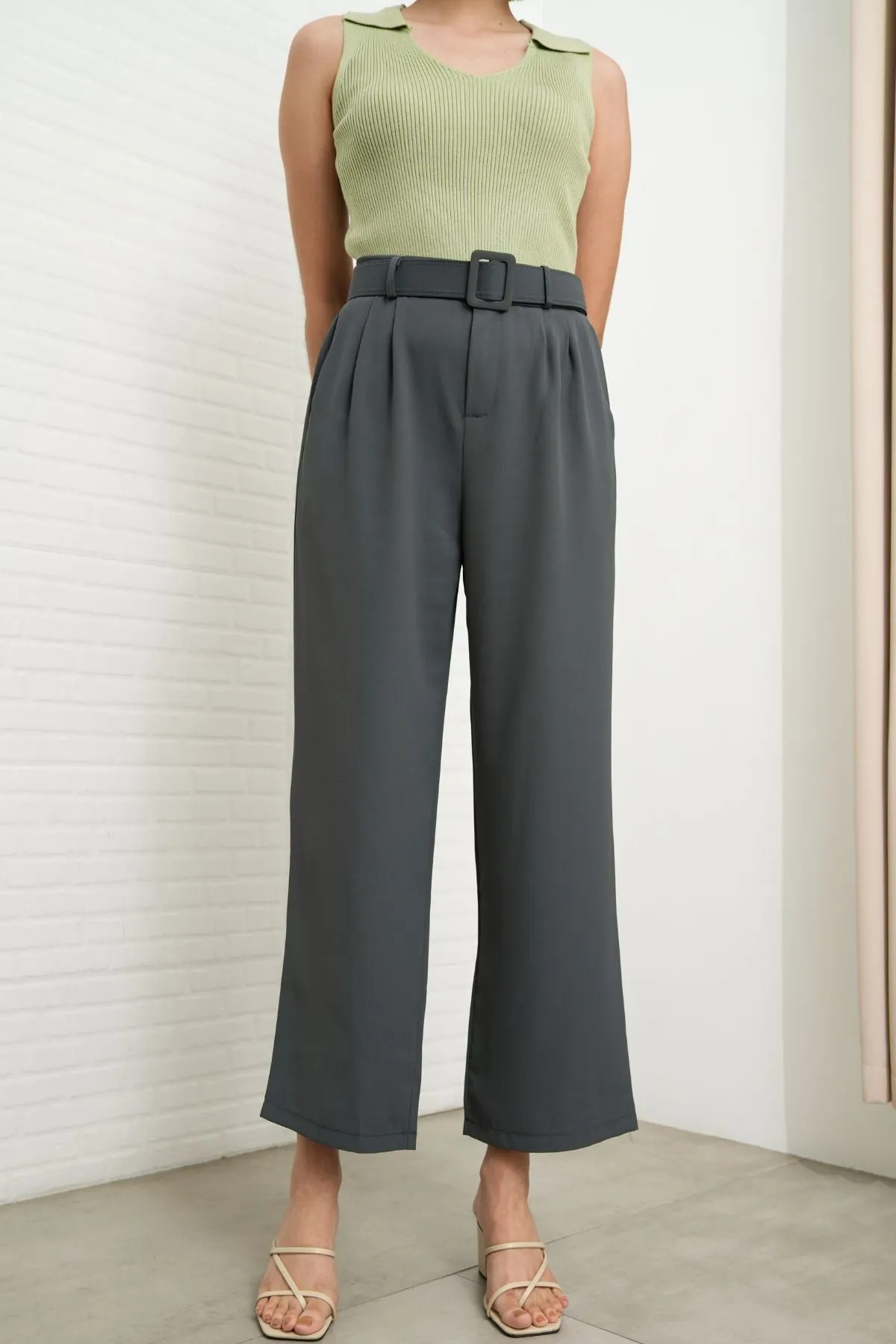 SASKIA Belted High-Waist Tailored Trousers (Steel Gray)