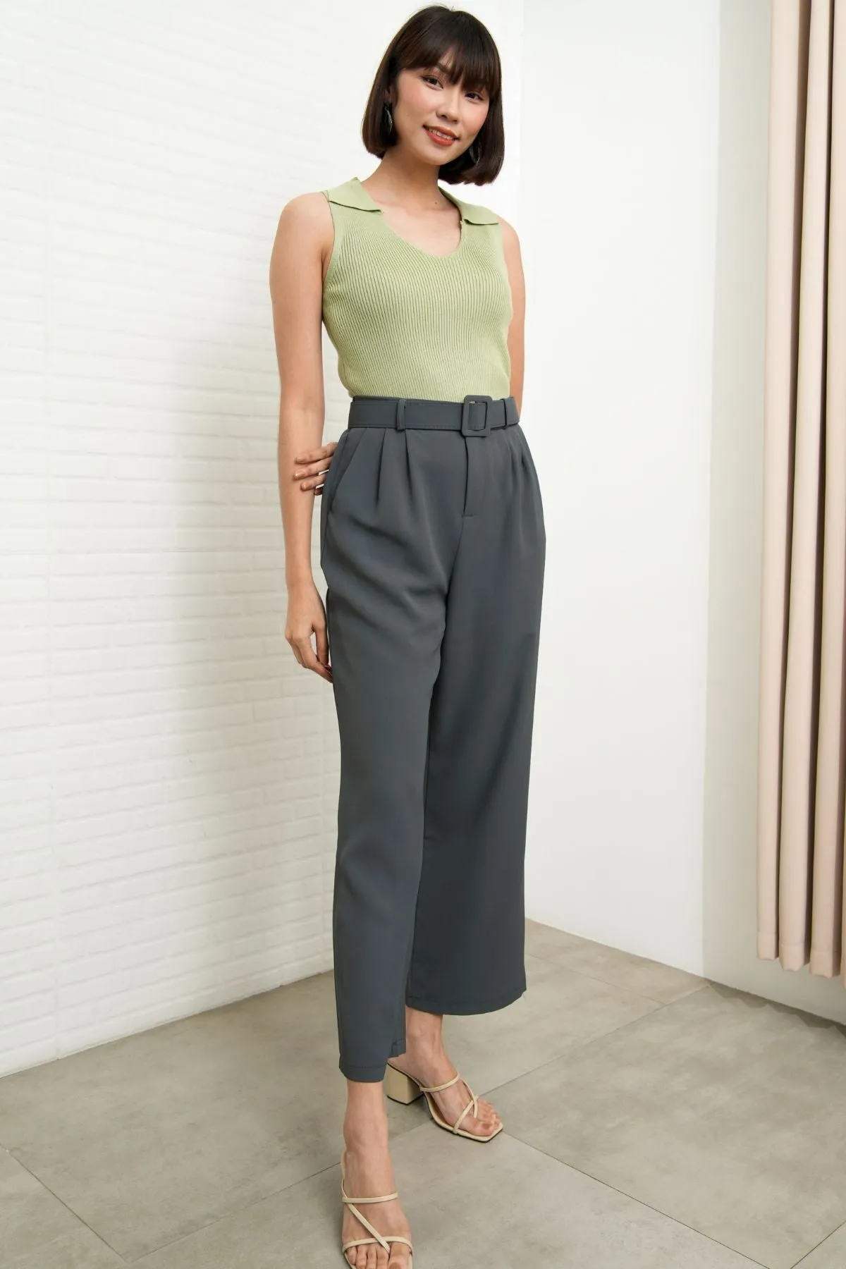 SASKIA Belted High-Waist Tailored Trousers (Steel Gray)