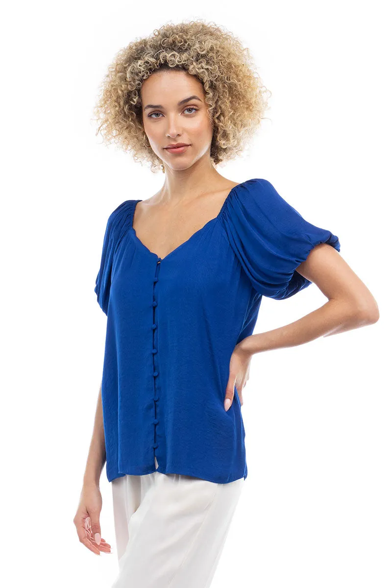 Scalloped Button Front Balloon Sleeve Blouse