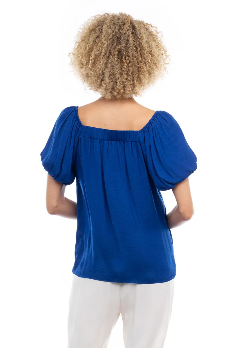Scalloped Button Front Balloon Sleeve Blouse