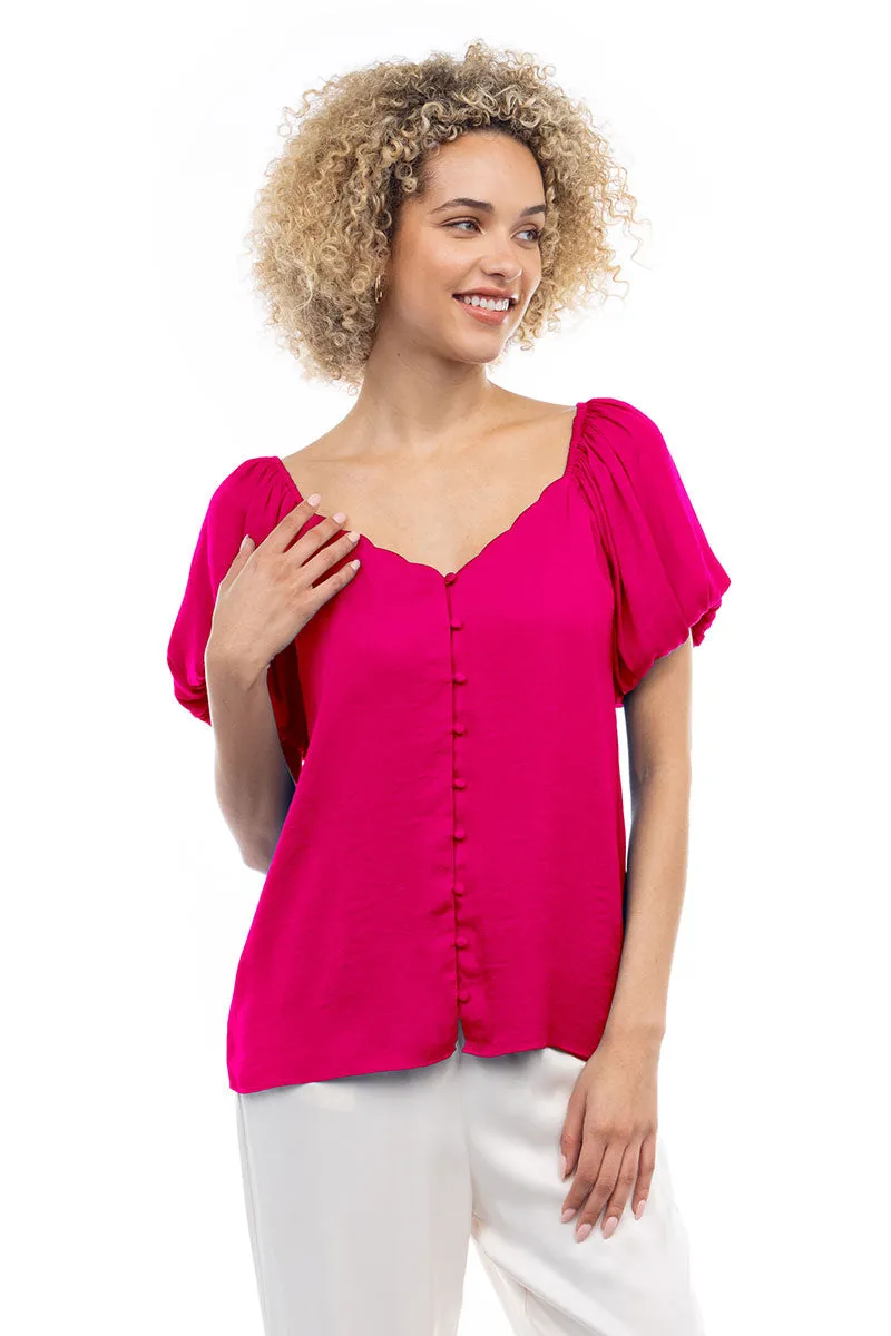 Scalloped Button Front Balloon Sleeve Blouse