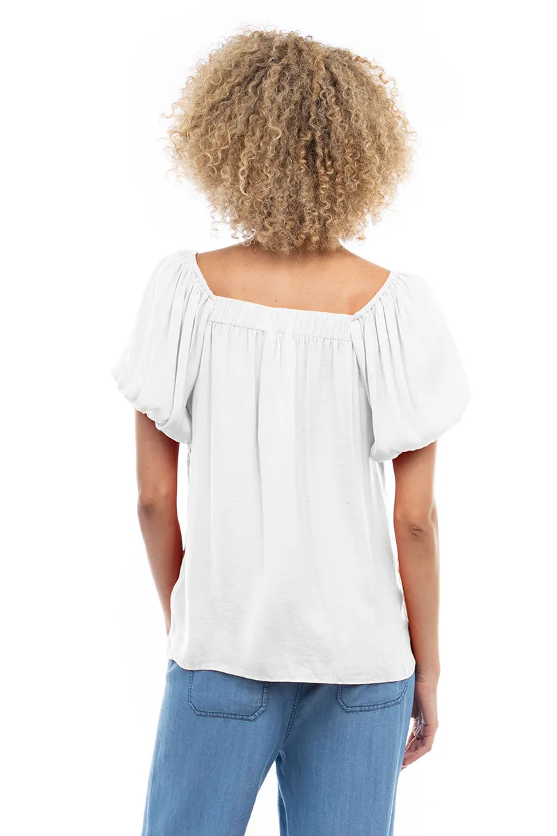 Scalloped Button Front Balloon Sleeve Blouse
