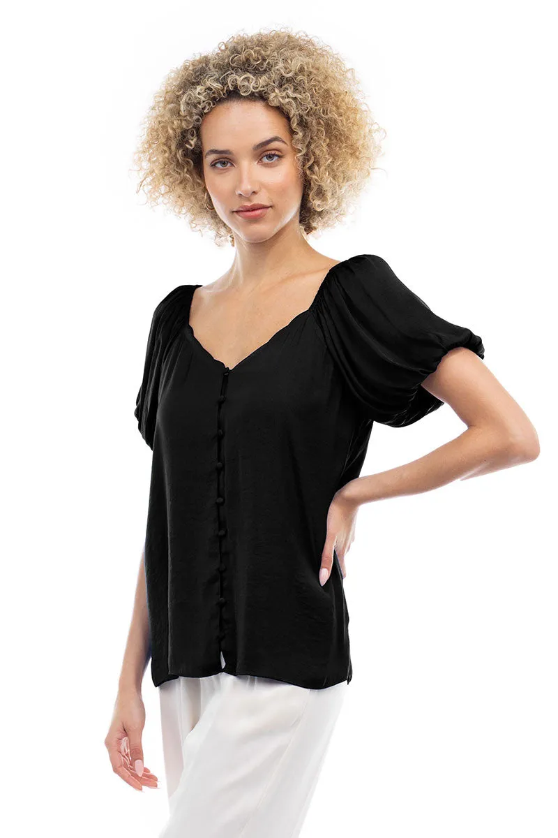Scalloped Button Front Balloon Sleeve Blouse