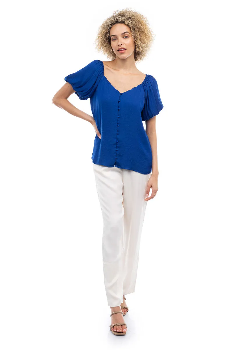 Scalloped Button Front Balloon Sleeve Blouse