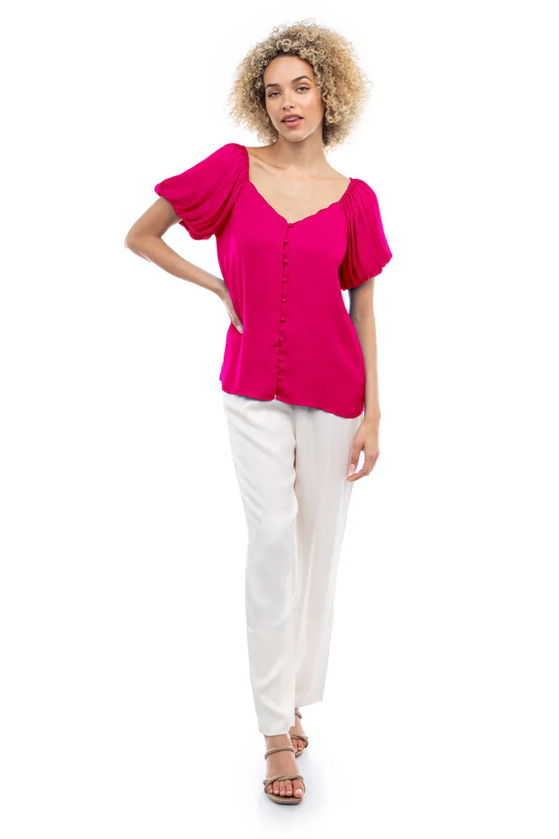 Scalloped Button Front Balloon Sleeve Blouse
