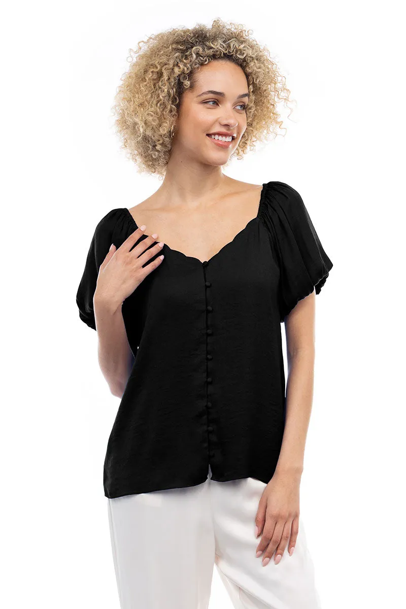 Scalloped Button Front Balloon Sleeve Blouse