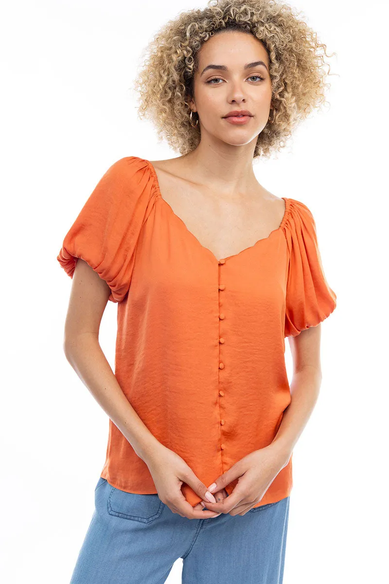 Scalloped Button Front Balloon Sleeve Blouse