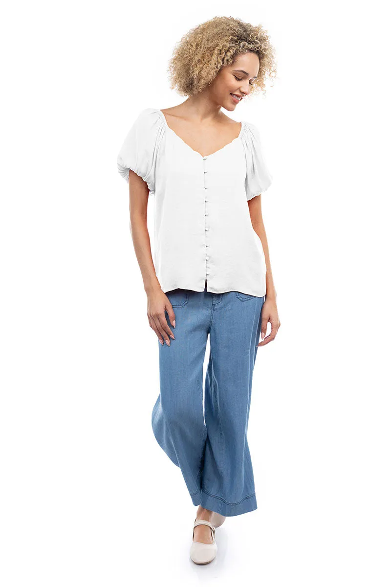 Scalloped Button Front Balloon Sleeve Blouse