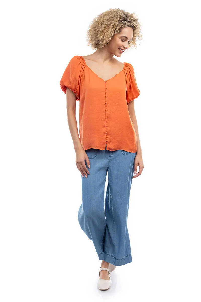 Scalloped Button Front Balloon Sleeve Blouse