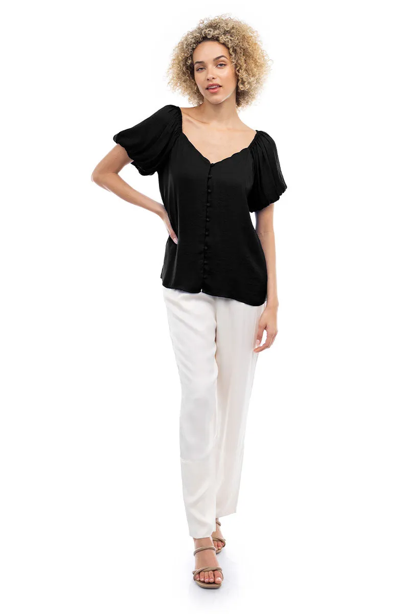 Scalloped Button Front Balloon Sleeve Blouse