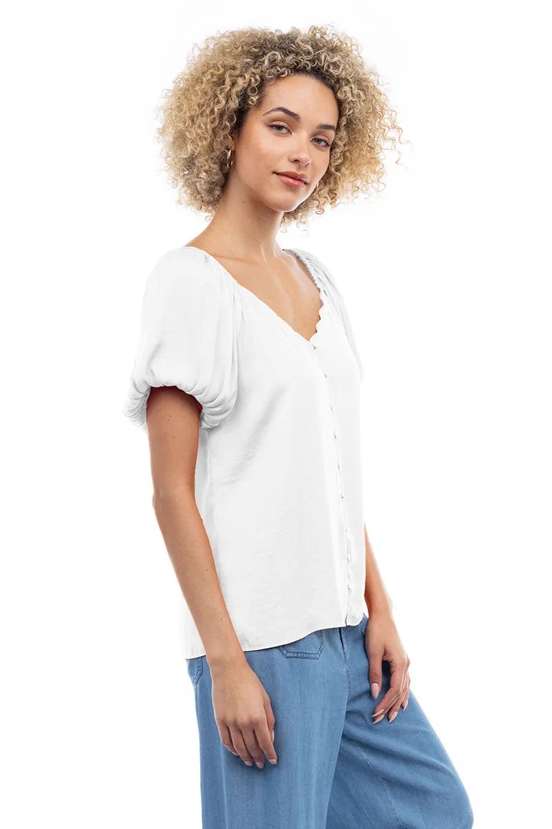 Scalloped Button Front Balloon Sleeve Blouse