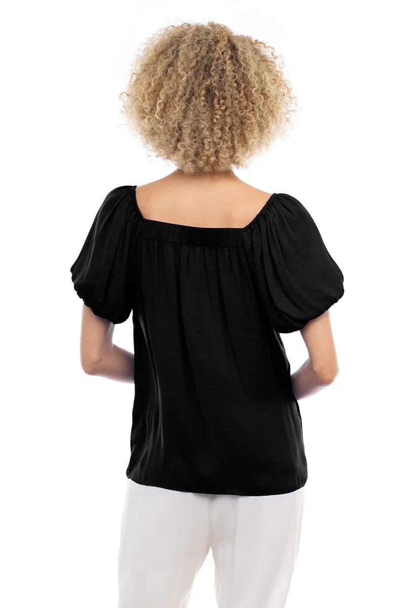 Scalloped Button Front Balloon Sleeve Blouse