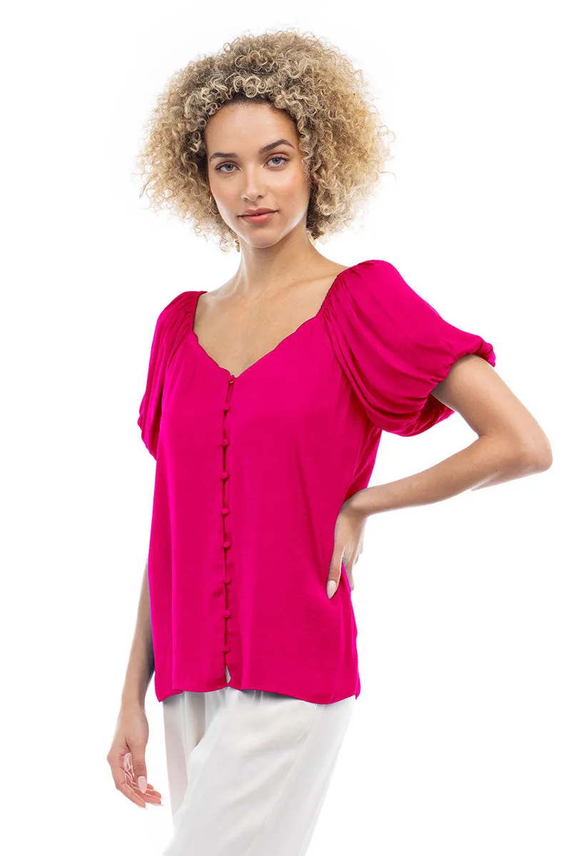 Scalloped Button Front Balloon Sleeve Blouse