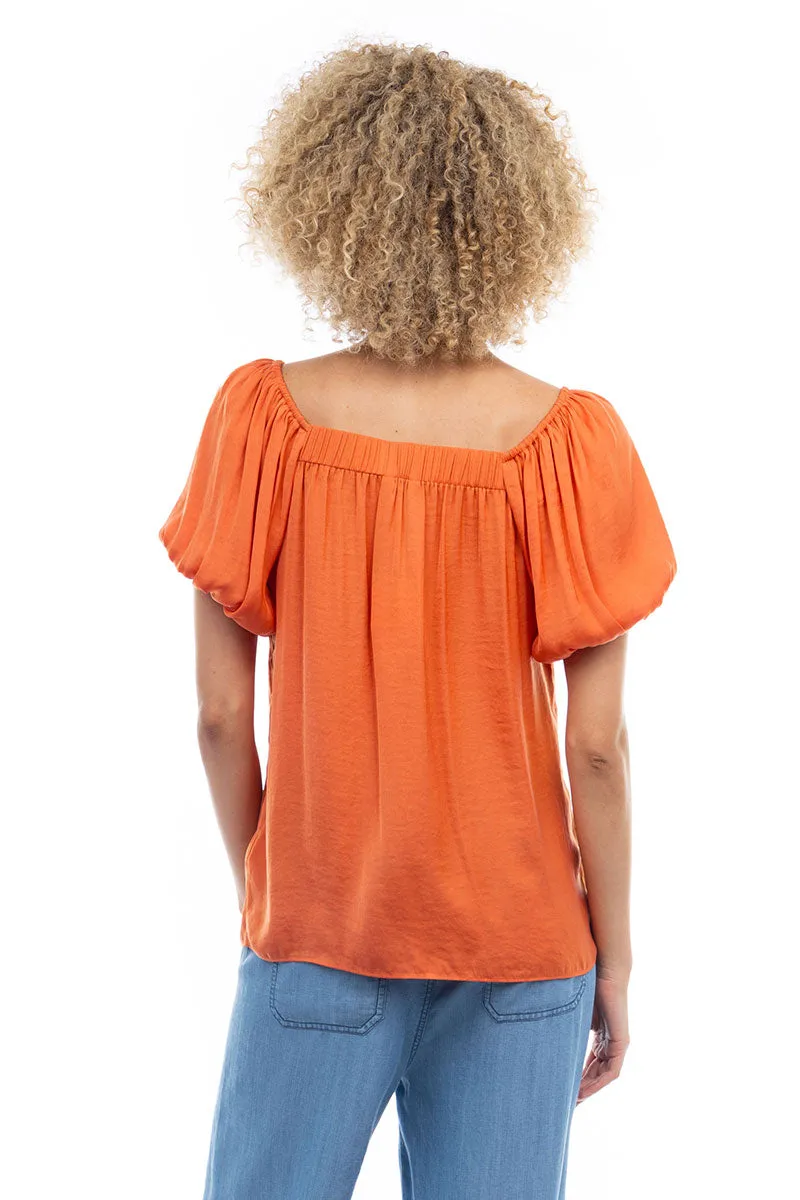 Scalloped Button Front Balloon Sleeve Blouse