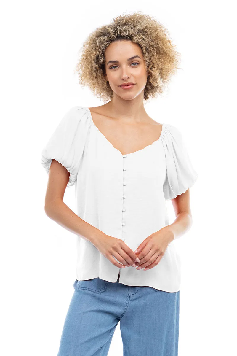 Scalloped Button Front Balloon Sleeve Blouse