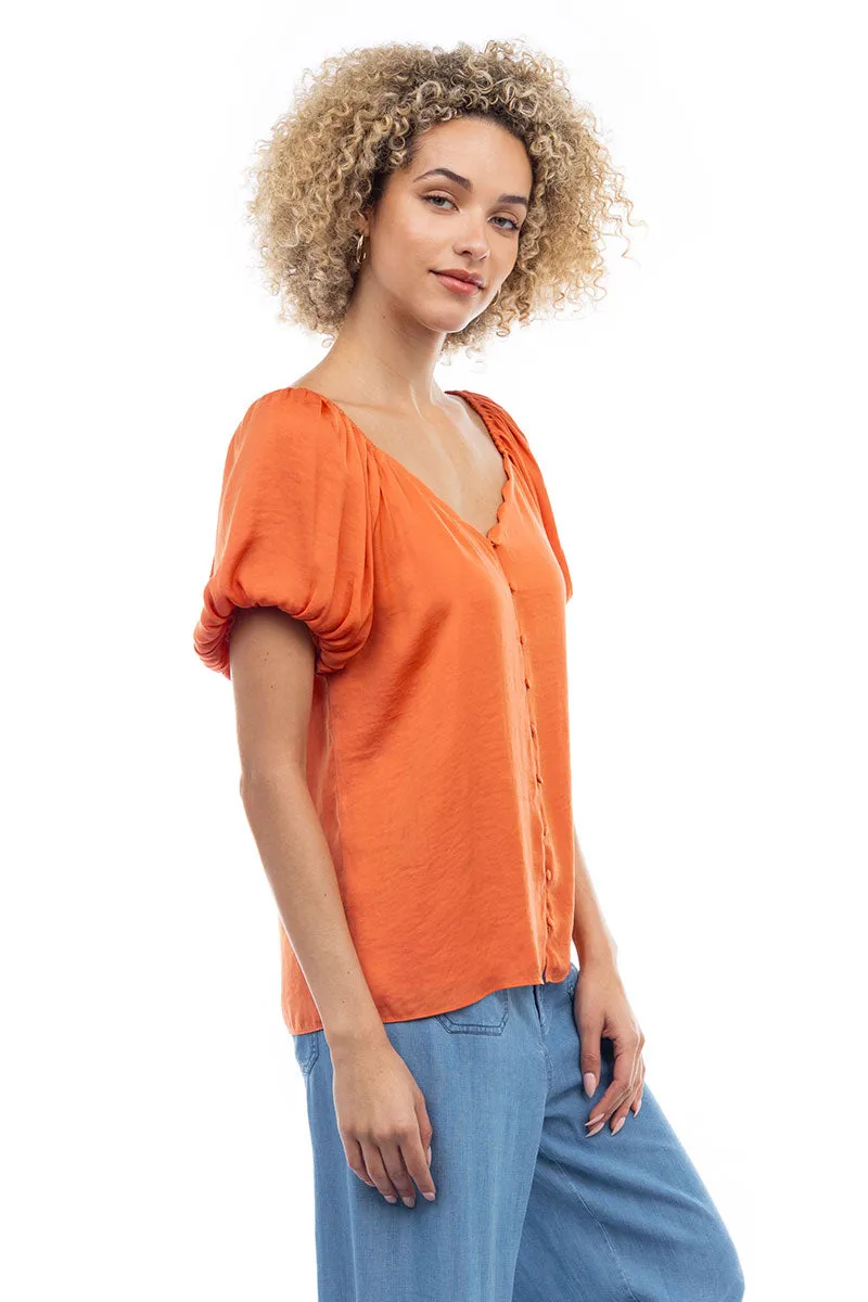 Scalloped Button Front Balloon Sleeve Blouse