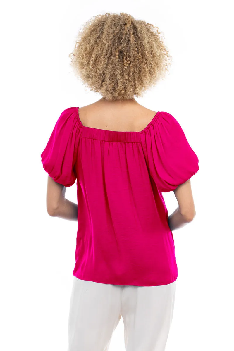 Scalloped Button Front Balloon Sleeve Blouse