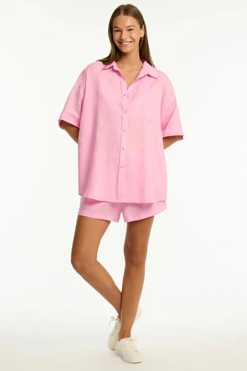 SEA LEVEL Tidal Linen Aloha Shirt in Light Pink