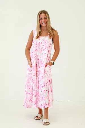 Seaside Serenity Floral Print Tiered Midi Dress French Rose
