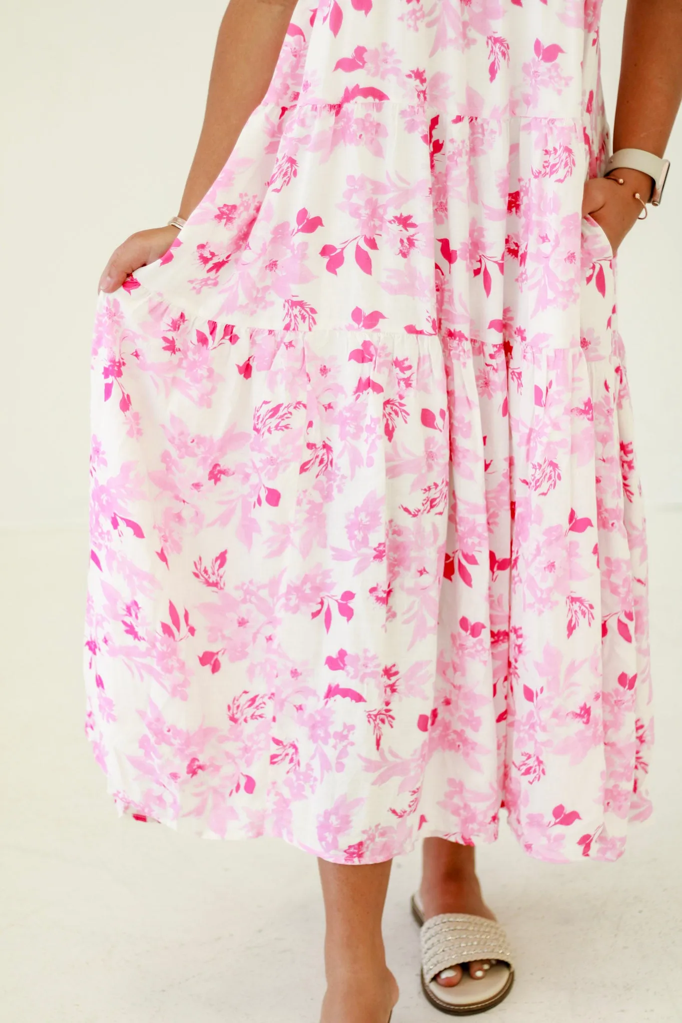 Seaside Serenity Floral Print Tiered Midi Dress French Rose