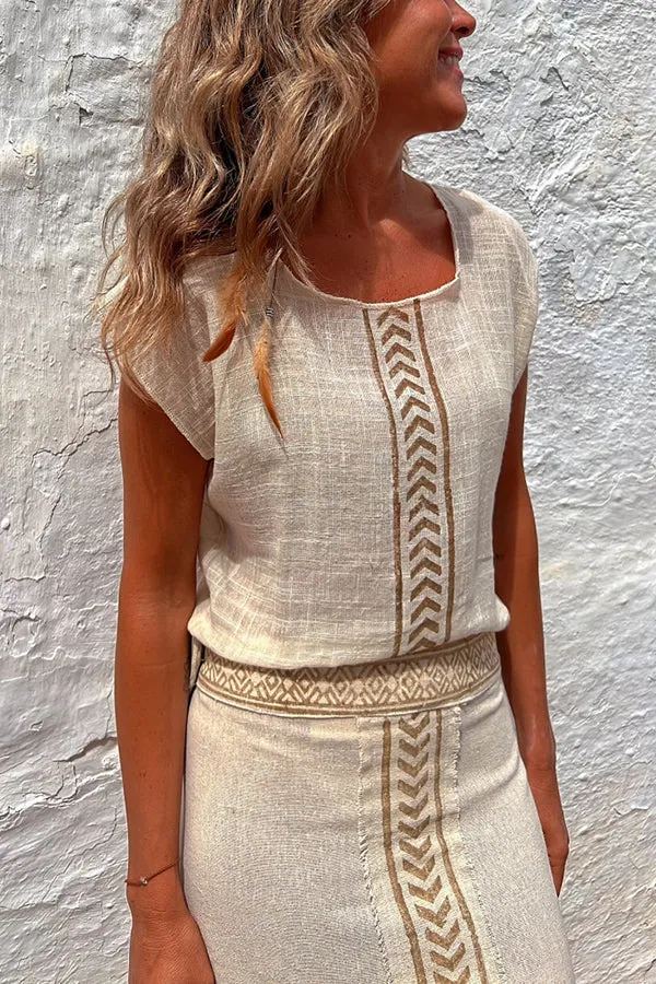 Seize The Moment Linen Blend Ethnic Print Loose Top