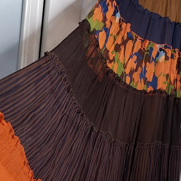 SILK Boho Tiered Sheer MAXI Skirt Prarie Cottage Vacay Tropical Flowy Fairy Skrt