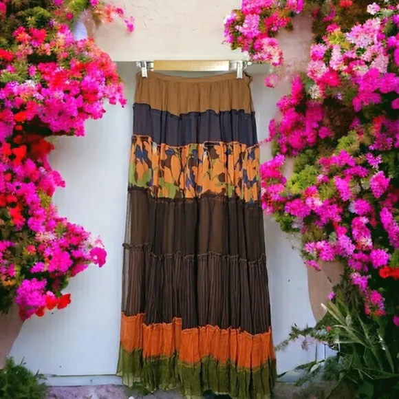 SILK Boho Tiered Sheer MAXI Skirt Prarie Cottage Vacay Tropical Flowy Fairy Skrt