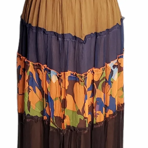 SILK Boho Tiered Sheer MAXI Skirt Prarie Cottage Vacay Tropical Flowy Fairy Skrt