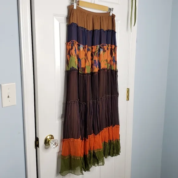 SILK Boho Tiered Sheer MAXI Skirt Prarie Cottage Vacay Tropical Flowy Fairy Skrt