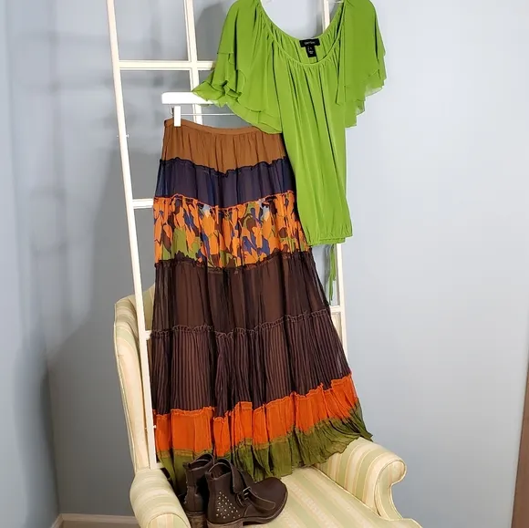 SILK Boho Tiered Sheer MAXI Skirt Prarie Cottage Vacay Tropical Flowy Fairy Skrt