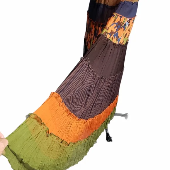 SILK Boho Tiered Sheer MAXI Skirt Prarie Cottage Vacay Tropical Flowy Fairy Skrt