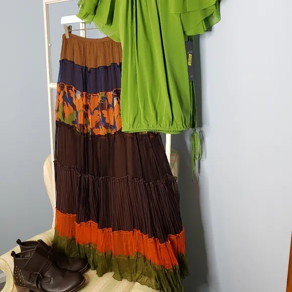 SILK Boho Tiered Sheer MAXI Skirt Prarie Cottage Vacay Tropical Flowy Fairy Skrt