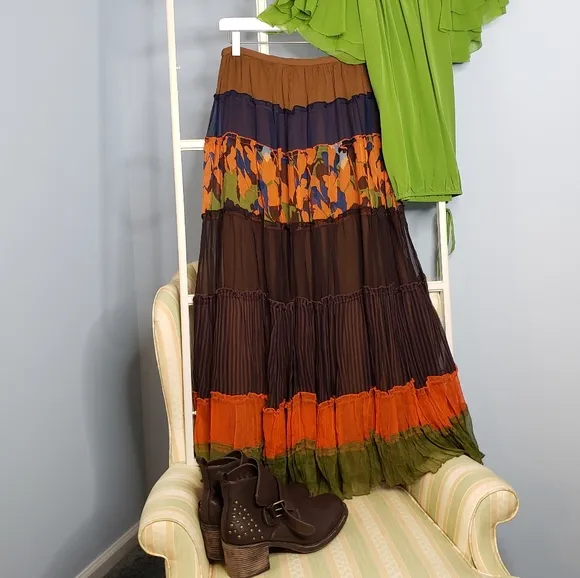 SILK Boho Tiered Sheer MAXI Skirt Prarie Cottage Vacay Tropical Flowy Fairy Skrt